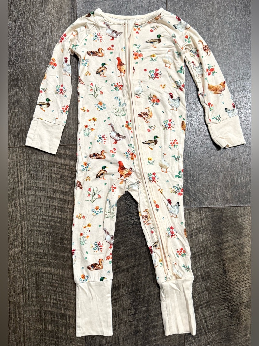 Bamboo Zipper Sleeper Cream color with Duck Chicken print Baby Girl size 3-6m